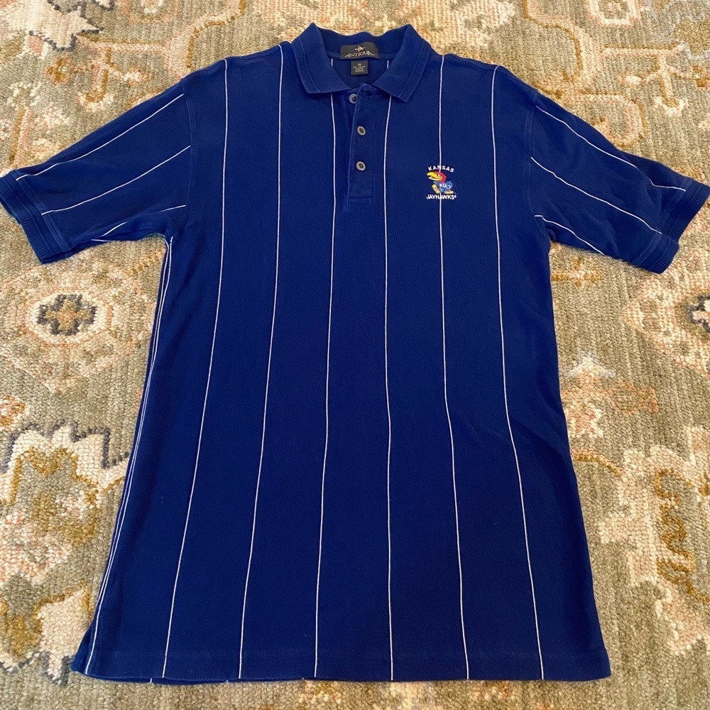 Kansas Jayhawks Antigua Polo Shirt Men Size Medium Color Blue with White Lines